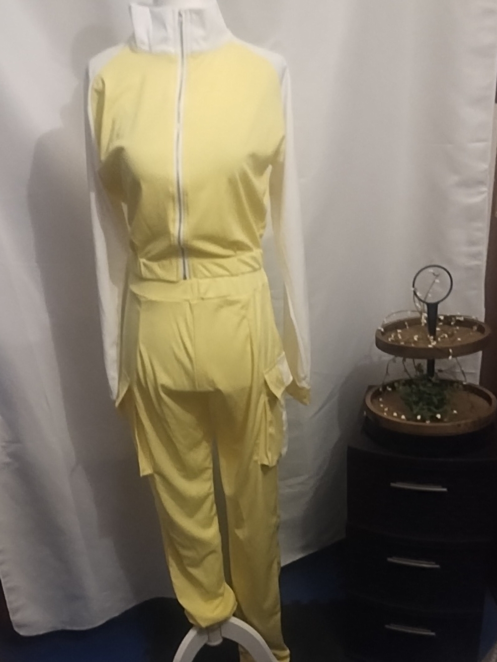 Yellow & White Utility Jumpsuit - Women's Zip-Front Cargo Style